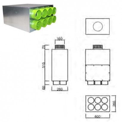 Caisson de distribution insonorisée 1 x Ø 160 - 6 x Ø 90 [- Conduits et accessoires VMC en PEHD - Brink]